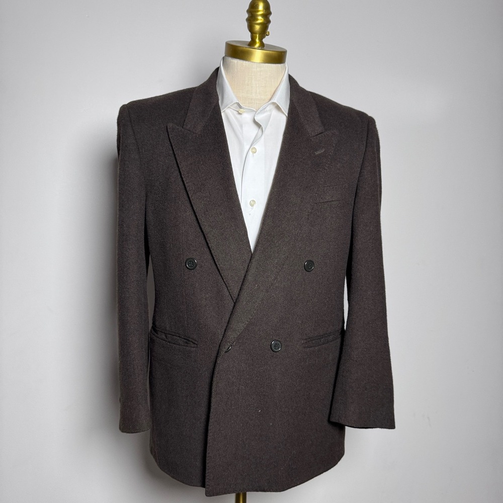 Custom Tailored Blazer Mens 40S Brown Solid Pure Wool Double Breasted Peak Lapel